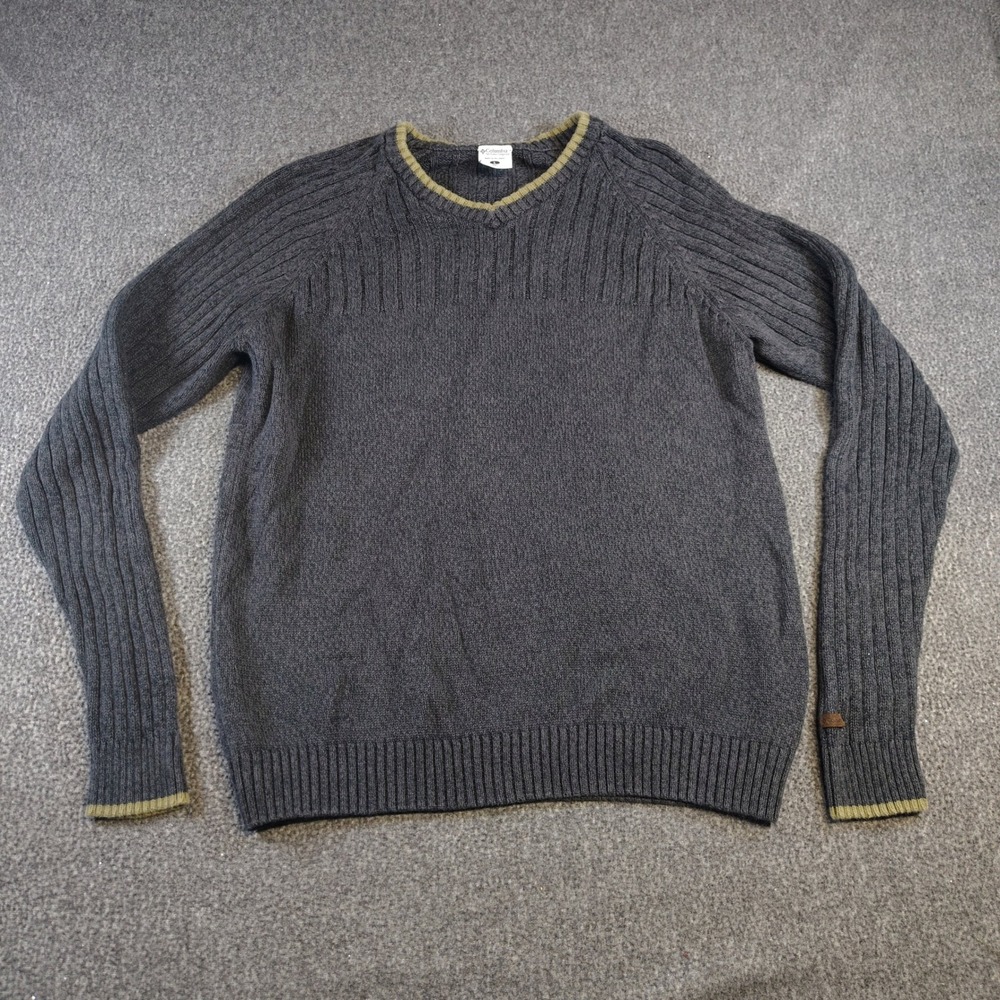 Columbia Knit Sweater Mens L Gray V-Neck Ribbed Raglan Outdoor Casual